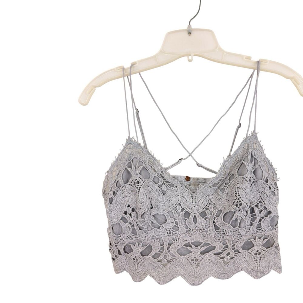 Free People FP One Crochet Lingerie Top L Gray Lace Boho Strappy V-Neck Cropped